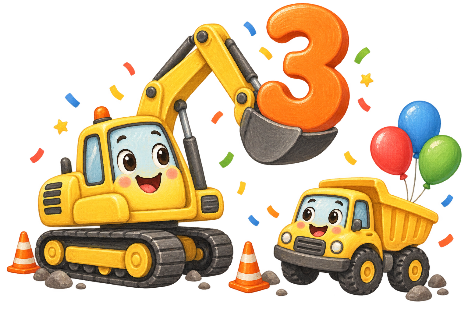 A smiling yellow excavator lifts a big orange 3 while a happy dump truck carries balloons